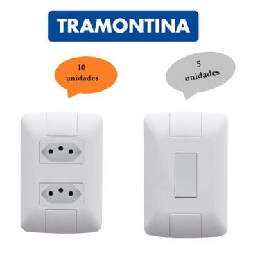 Imagem de Tomada Dupla Aria Branco Tramontina 10A/250V + Interruptor Simples Kit