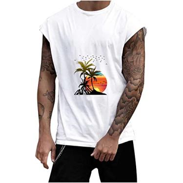 Imagem de Track Gym Coletes de praia masculinos verão outono gola redonda sol gráfico havaiano camiseta regata tropical masculina 2024, E-063 Branco, XXG