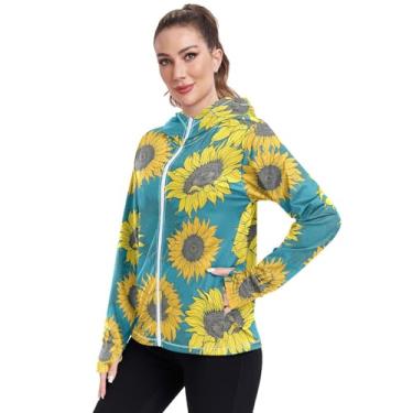 Imagem de Camiseta feminina com capuz Sunflowers manga longa FPS 50+ moletom com capuz feminino para corrida, Amarelo, azul, P