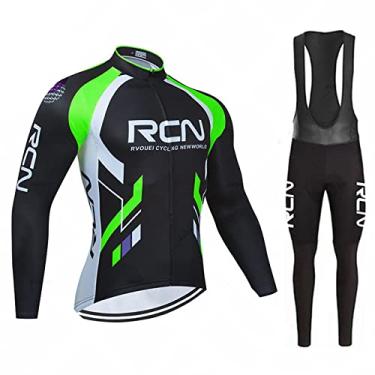 Imagem de Camisa de ciclismo de inverno equipe outono manga longa calças babador conjunto de lã térmica masculino terno de bicicleta esporte equitação MTB roupas de bicicleta, verde, PP (160 cm/53 kg)