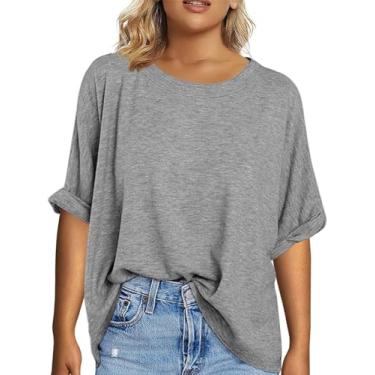Imagem de Tankaneo Camisetas femininas plus size manga curta verão gola redonda camisetas grandes casual ajuste solto túnica básica tops (GG-5GG), Cinza, 4G Plus Size