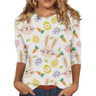 Imagem de PKDong Camiseta feminina engraçada de coelhinho da Páscoa, estampa de coelhinho, mangas três-quartos, camiseta estampada de coelho , camiseta de Páscoa, Laranja, amarelo, P