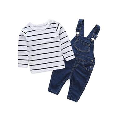 Imagem de Abolai Conjunto de macacão para bebês meninos macacão infantil conjunto de macacão jeans com listras, Preto, 18-24 Month