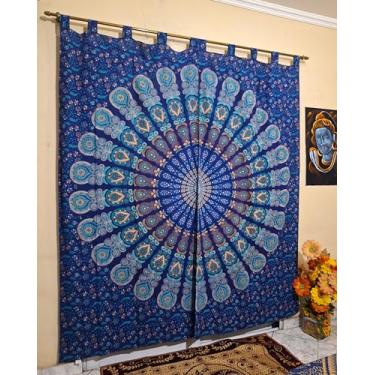 Imagem de Cortina Tecido Indiana Manta Painel Decoração Mandala Boho Chic Hippie Algodão Ioga Yoga Jardim Quarto Meditaçao (Azul e Branco)