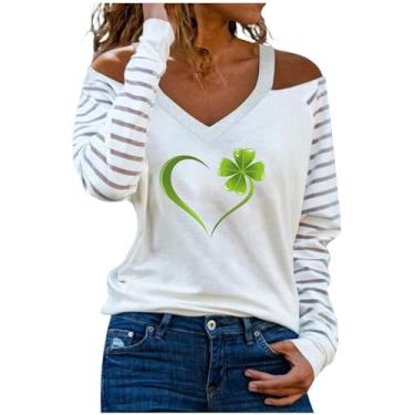 Imagem de Nagub Camiseta feminina St Patricks Day, manga comprida, gola V, trevo irlandês, ombro de fora, algodão, plus size, moda 2024, Estampa de amor, G