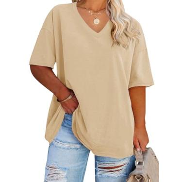 Imagem de Camisetas femininas plus size gola V verão meia manga casual solto algodão túnica tops, Bege, XXG Plus Size