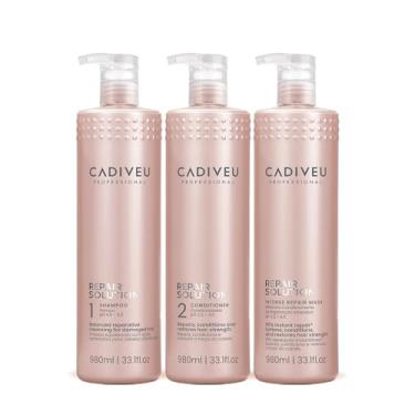 Imagem de Cadiveu Professional Repair Solution, kit de tratamento intensivo para cabelos danificados, shampoo 980ml, condicionador 980ml, máscara reparadora 980ml