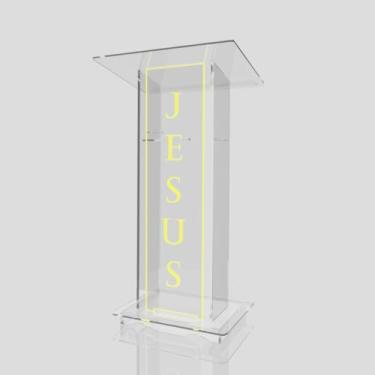 Imagem de Púlpito em Acrílico para Igreja e/ou Eventos com Gravação e Led grátis Mod. Lucas, Transparente (Tradicional, Moderna ou Sem Gravação) Cores em Led (Grav. "Jesus" Tradicional, LED AMARELO)