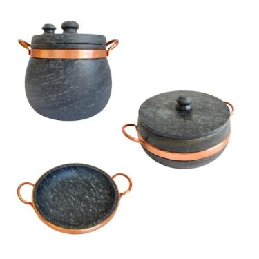 Imagem de Kit 3 Panelas Pressão Frigideira Pedra Sabão Antiaderente Comida Mineira