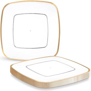 Imagem de Pratos de sobremesa quadrados de plástico dourado transparente premium - 15,24 cm (pacote com 12) | Elegante e durável para festas, eventos e entretenimento fácil