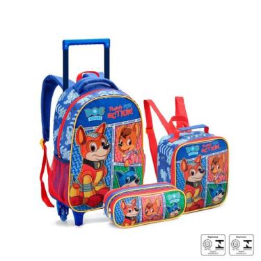 Imagem de Kit Mochila Escolar Infantil Rodinha Alça Dog Heroes Seanite, Azul