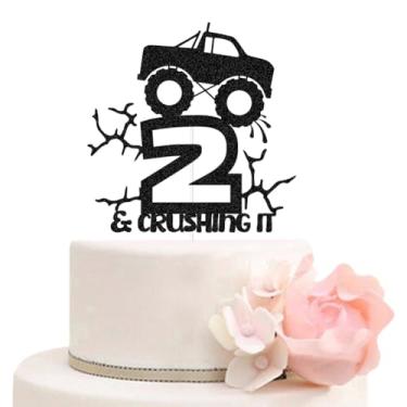 Imagem de ZLPDS Monster Truck 2 & Crushing It Cake Topper Happy 2nd Birthday Cake Decor for Boys Kids Two Years Old Birthday Party Decorations Black Glitter