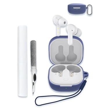 Imagem de WUNIAK Capa para QCY T13 Buds, capa protetora de silicone macio capa protetora de absorção de choque com chaveiro, cordão e caneta de limpeza - azul