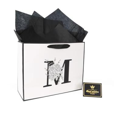 Imagem de Sacos de presente personalizados com letras pretas e brancas (M) para homens, mulheres e noivas - Bolsa de presente grande com papel de seda e cartão para aniversário, casamento, noivado e ocasião