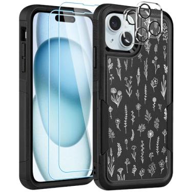 Imagem de LOQUPE [Capa 5 em 1 para iPhone 15 Plus, com 2 protetores de tela + 2 protetores de lente de câmera, capa protetora resistente e resistente e leve à prova de choque para mulheres, linda flor branca