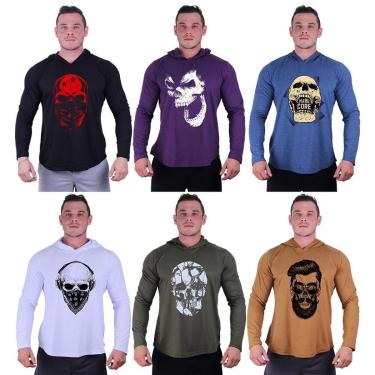 Imagem de Kit 6 Camisetas Manga Longa com Touca Longline Estampada Treino Academia Lazer Casual-Masculino