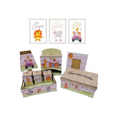 Imagem de Kit Bebe Higiene Safari Rosa + Trio De Quadros Quarto Menina - Casa Be