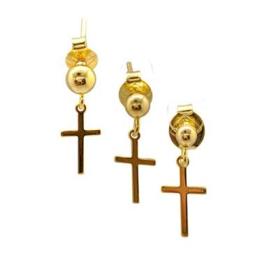Imagem de Brinco 3 Furos Banhado a Ouro Bolinhas com Cruz Pequena - Butique da B