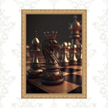 Imagem de Quadro Moldura Dourada Tabuleiro Xadrez 33x24cm - Quadros On-line, com