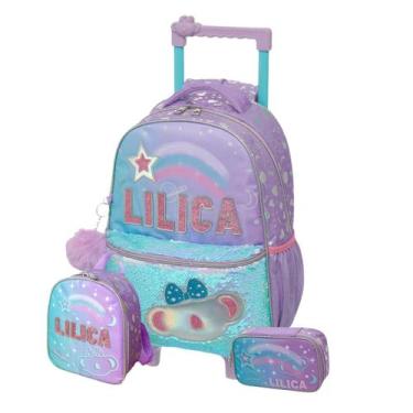 Imagem de Kit Mochila Roda Lilica Ripilica Lantejoula Lancheira Estojo, Lilás