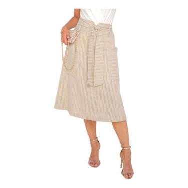 Imagem de Saia Midi Clássica Risca De Giz Em Linho Refinado - Lumia, Bege, P