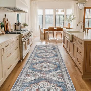 Imagem de Tapete lavável para cozinha – Tapete de corredor persa Boho de 60 x 30 cm, tapetes envelhecidos antiderrapante macio para sala de jantar (azul, 6 x 30 cm)