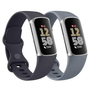 Imagem de Pacote com 2 pulseiras de silicone para Fitbit Charge 6/Fitbit Charge 5, pulseiras de substituição esportivas macias clássicas para mulheres e homens (azul escuro + azul cinza, pequena)