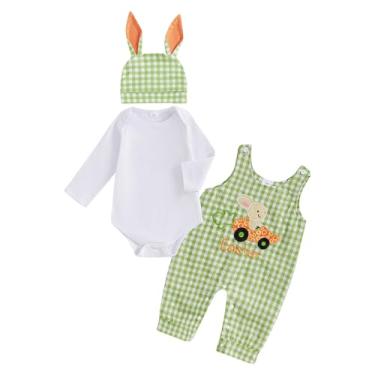 Imagem de LAGKIYOJ My First Easter Roupa de bebê menino coelho bordado fazenda macacão xadrez orelhas chapéu recém-nascido roupas de Páscoa, Verde, 3-6 Meses