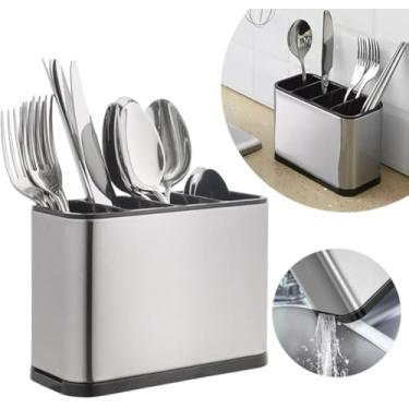 Imagem de Porta Talher Talheres Escorredor Aço Inox Utensílios Cozinha Organizador Suporte Bancada Drenagem Água Pia Multiuso sem Adesivo