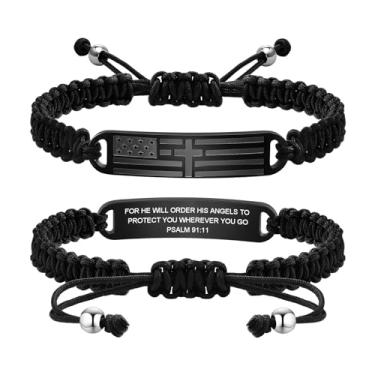 Imagem de TempBeau Pulseira de cruz masculina - corrente de aço inoxidável com versículo bíblico preto com bandeira americana, ideias de presente de aniversário, confirmação de primeira comunhão, batismo,