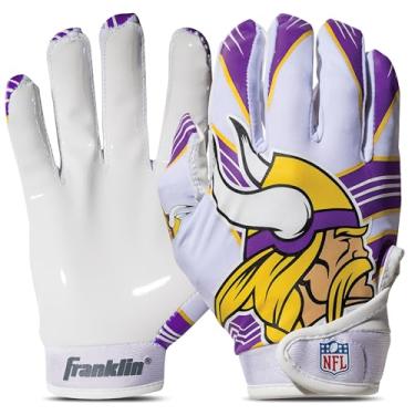 Imagem de Franklin Sports Minnesota Vikings – Luvas receptoras de futebol americano NFL – Luvas receptoras para crianças – logotipos da equipe NFL e palma de silicone – Par juvenil S/PP