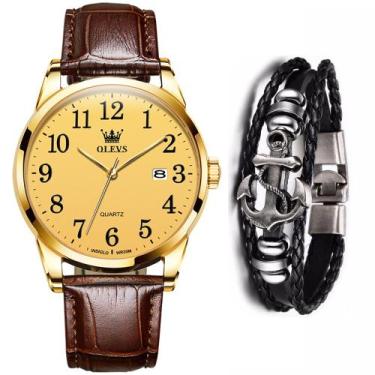 Imagem de Kit Relógio Casual Olevs Masculino Gold + Bracelete Âncora