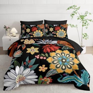 Imagem de Nttopship Conjunto de edredom floral colorido, boêmio, botânico, tamanho casal, boêmio, folhas de flores de fazenda, estampa em preto, para todas as estações, conjunto de cama leve de microfibra macia