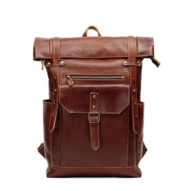 Imagem de Mochila masculina de couro de vaca 15-17 polegadas Bolsa para laptop de grande capacidade Mochila de viagem para homens Bolsas de couro retrô(Red)