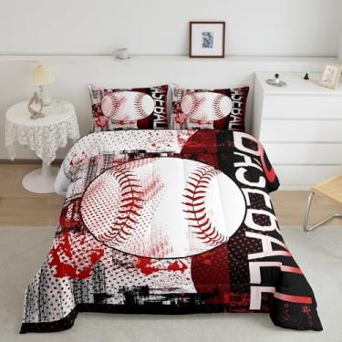 Imagem de Feelyou Conjunto de edredom de beisebol, esportivo, tamanho casal, 3 peças, para crianças, meninos, adolescentes, temática esportiva, edredom de poliéster macio com 2 fronhas