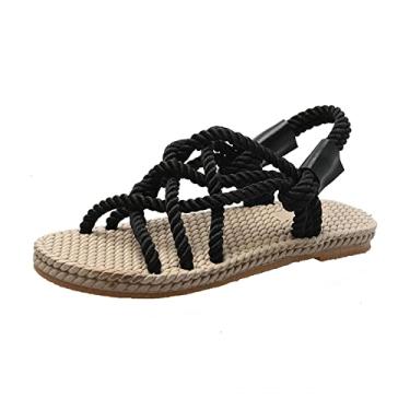 Imagem de Sandálias para mulheres sapatos de corda trançada com sandálias tradicionais casuais simples fashion sandálias femininas sapatos de verão(Black,39EU)