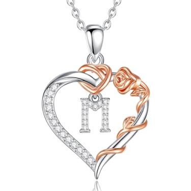 Imagem de Vito Colar de coração banhado a prata cobre com inicial com zircônia cúbica para mulheres, pingente de flor de ouro rosa, letra M, coração A a Z, joias personalizadas, presentes, 45,7 cm + 5 cm de aço