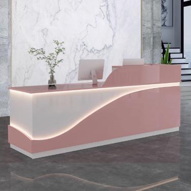 Imagem de Mesa de recepção moderna para escritório, mesa de balcão de recepção, recepção de recepção, mesa de balcão de escritório madeira projetada com tiras de luz para salões de beleza, rosa + branco, 120 cm