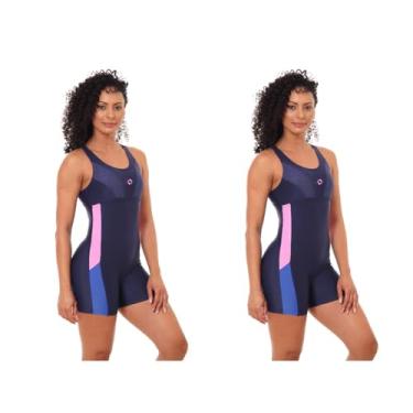 Imagem de Kit 2 Maiô Macaquinho Natação e Hidro Feminino Forrado Liso (Marinho/Azul/Rosa, XGG)