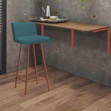 Imagem de Kit Mesa Suspensa de Parede Fixa mdf Castanho + 1 Banqueta Lexi Ferro Bronze Suede Azul Turquesa - Ahazzo Móveis