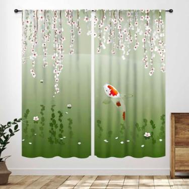 Imagem de Cortinas de peixe Koi, estilo asiático, tradicional japonês, carpa koi, peixe, primavera, flores de cerejeira, estampadas, verde, retrô, paisagem, cortinas, tratamentos para quarto, sala de estar, 53