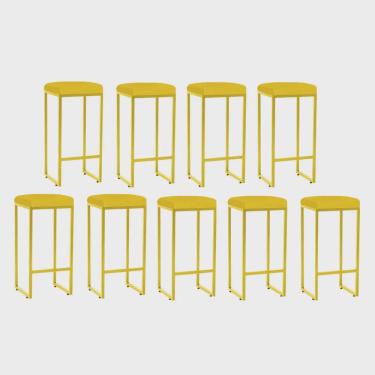 Imagem de Kit 09 Banqueta Alta Lara Para Cozinha Bar Balcão Bistrô Churrasqueira Ferro Dourado Tecido Sintético Amarelo - Ahz Móveis