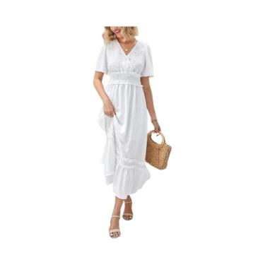 Imagem de Vestido Maxi Feminino De Renda Com Decote Em V Com Babado Manga Curta 