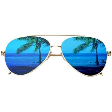 Imagem de Óculos de sol aviador grandes espelhados para mulheres com lente espelhada plana 58 mm, Gold / Blue Mirror, One Size