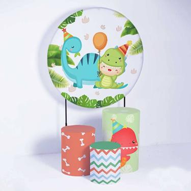 Imagem de Kit Painel de Festa Redondo de 1,50m e Trio de Cilindros Dino Baby - Fera Print
