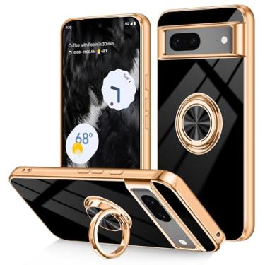 Imagem de Dinick Capa projetada para Google Pixel 7 com suporte de anel TPU macio banhado a ouro capa fina antiarranhões para mulheres e homens, suporte magnético para Google Pixel 7, capa preta