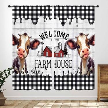 Imagem de Cortinas de cozinha de fazenda, rústicas ocidentais fofas vacas de madeira preto e branco búfalo xadrez cortinas para quarto, sala de estar, banheiro, café, 2 painéis, 106 x 113 cm