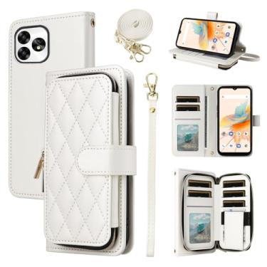 Imagem de Furiet Argyle Capa carteira para UMIDIGI A15 com alça de ombro, 9+ compartimentos para cartões, bolsa com zíper, luxuosa, suporte de couro PU, capa de celular quadriculada para UMIGIDI A 15 15A