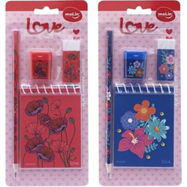 Imagem de Kit Escolar Love com 1 Lápis, 1 Apontador, 1 Borracha e 1 Bloco de Not