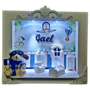 Imagem de Quadro Enfeite De Porta Maternidade nome e Led  URSO AVIADO - Flores p